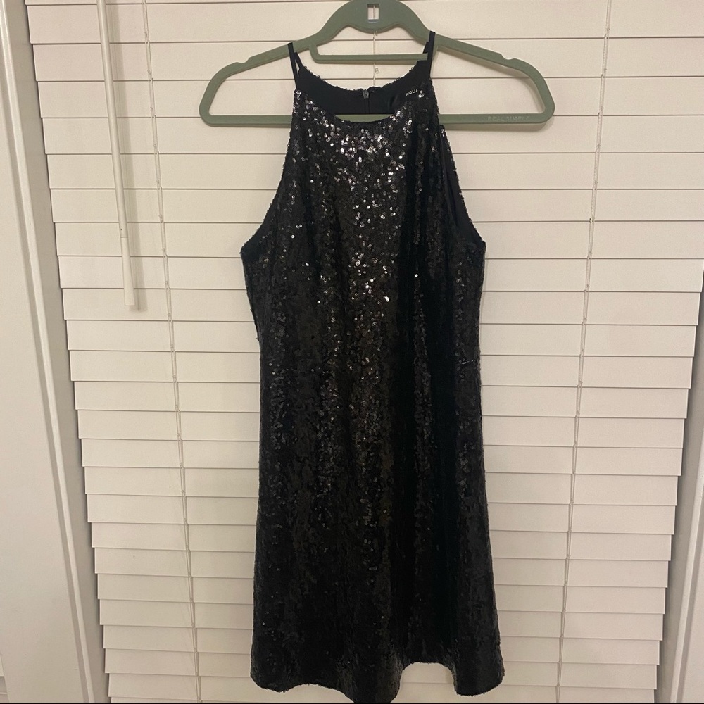 Aqua Black sequin a line dress